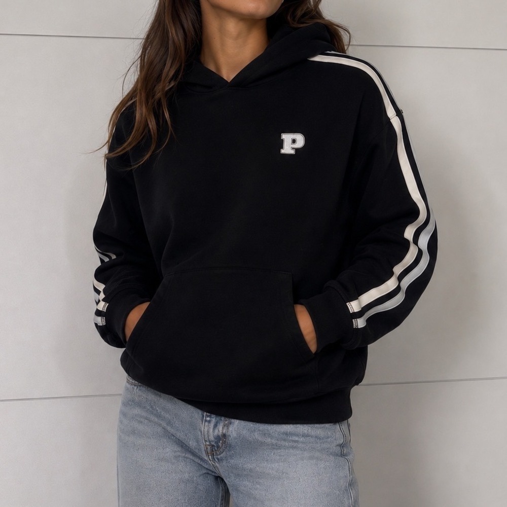 Victoria's Secret PINK Black Striped Cropped Hoodie Sweatshirt Large L3